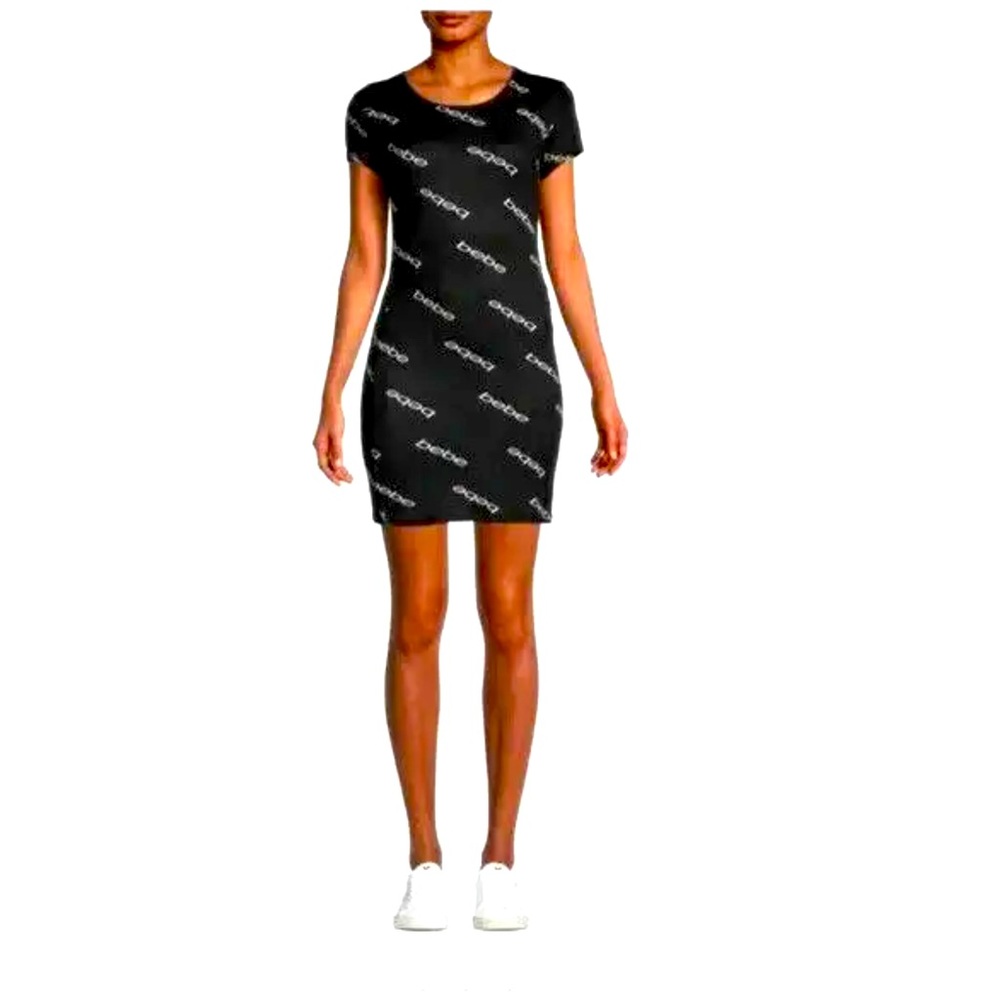 BNWOT Bebe Logo Mini Bodycon Dress Black With White Print Jersey Knit